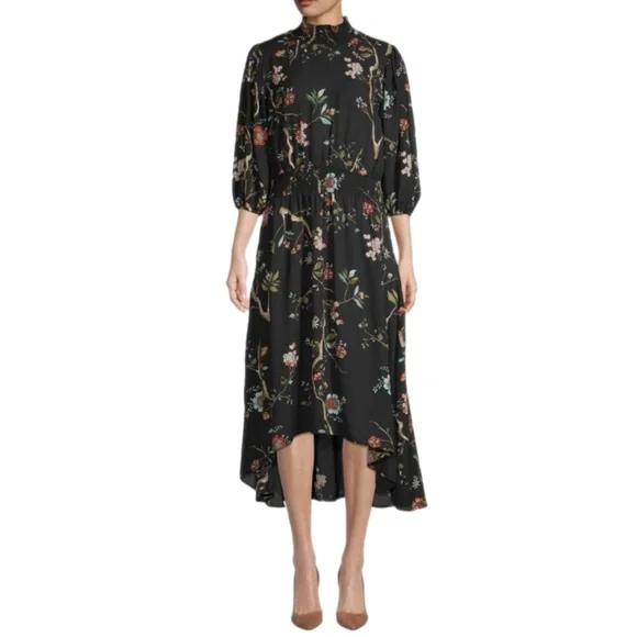 Nanette Lepore Dark Floral Hi-Low Puff Sleeve Dress 2 Whimsigoth Bloomcore Black - Picture 1 of 13
